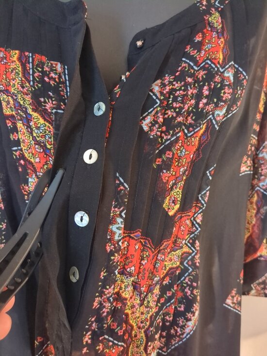 Sheer Black Partial Button Blouse / Tunic with colors of red / yellow /cream / - Picture 5 of 16